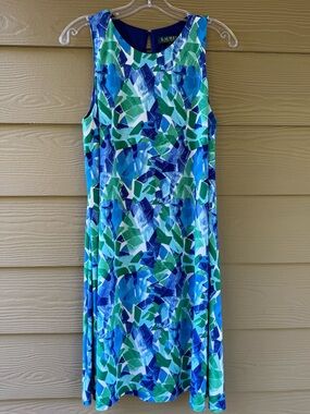 Lauren Ralph Lauren Blue Green White Abstract Print Sleeveless Dress